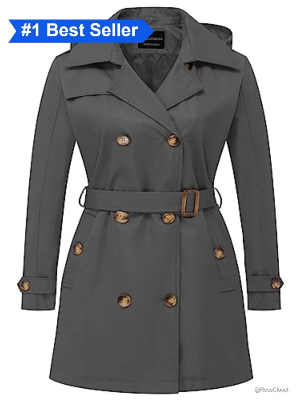 Plus Size Trench Coat Double Breasted Belted Detachable Hood Waterproof
